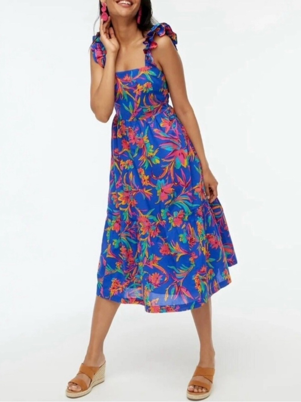 J. CREW | Blue Floral Print Ruffle Strap Cotton Midi Dress Sz. 6 Boho - Picture 1 of 6